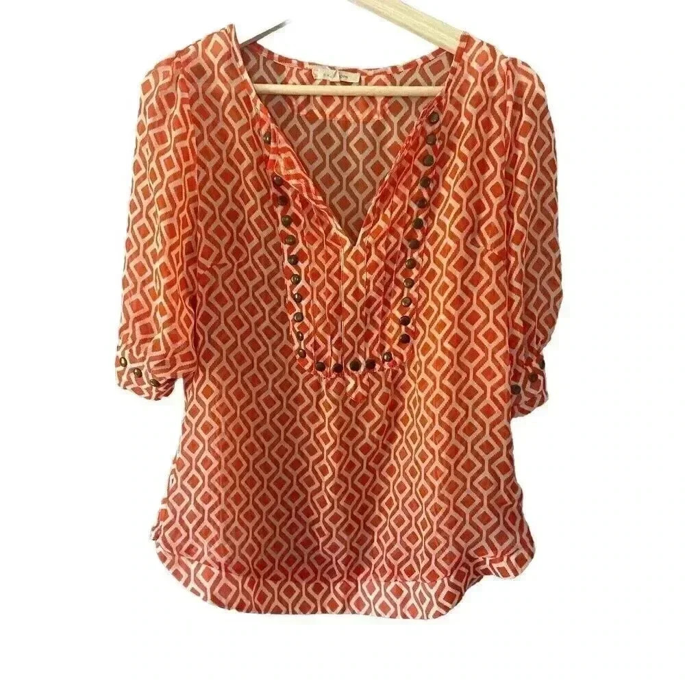 41 Hawthorn Womens Shirt Geometric Semi Sheer Stud Vneck Orange White Size Small